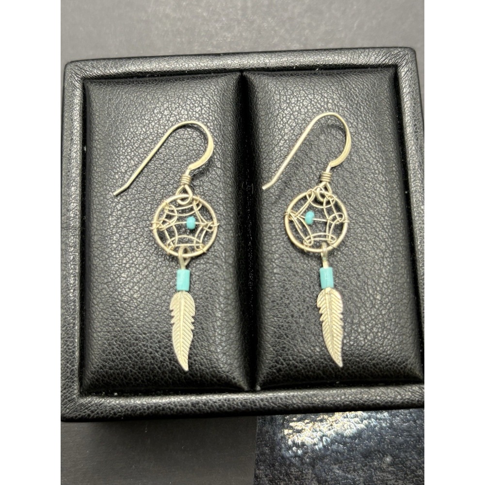 Vintage Sterling Silver Turquoise Dream Catcher Earrings Dangle Southwestern G15